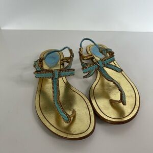 Rene Caovilla Gold and Blue Sandals with Bow Details